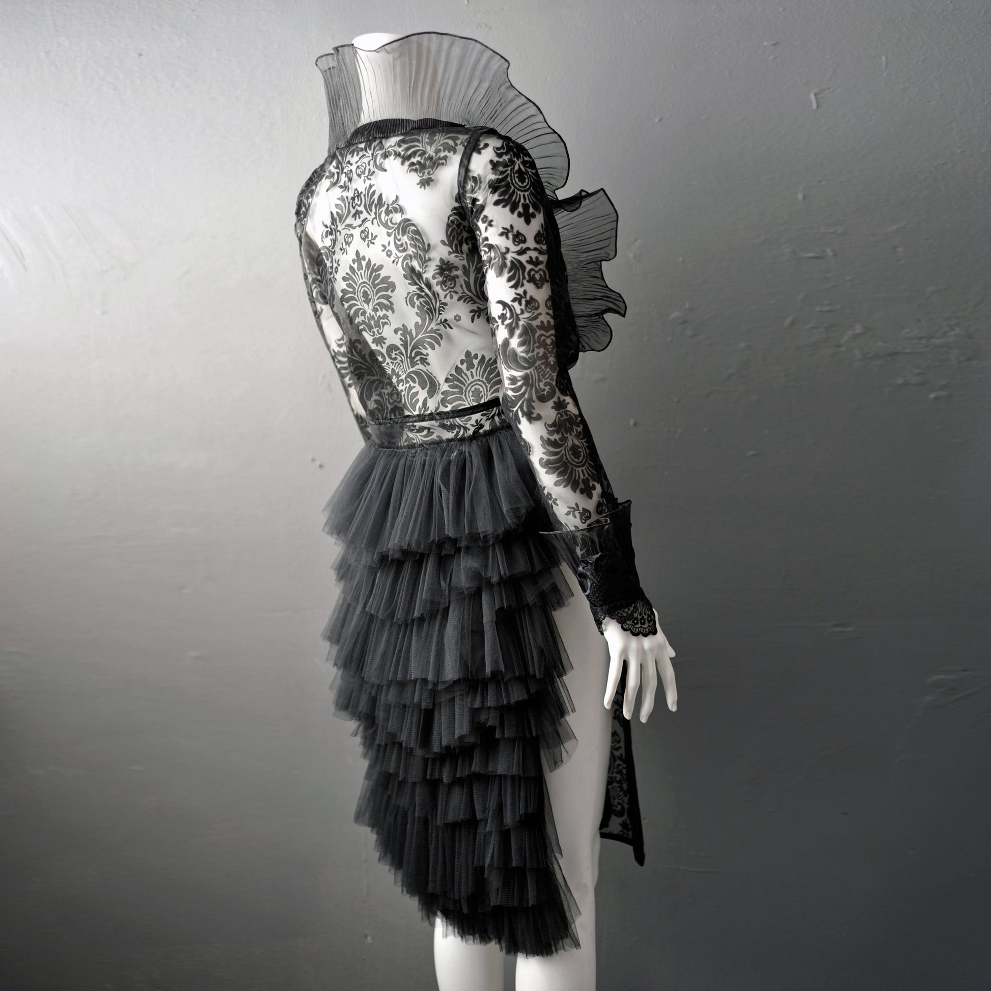 Sheer Gothic Jacket with Ruffled Standing Collar, Goth Queen Wedding Tailcoat