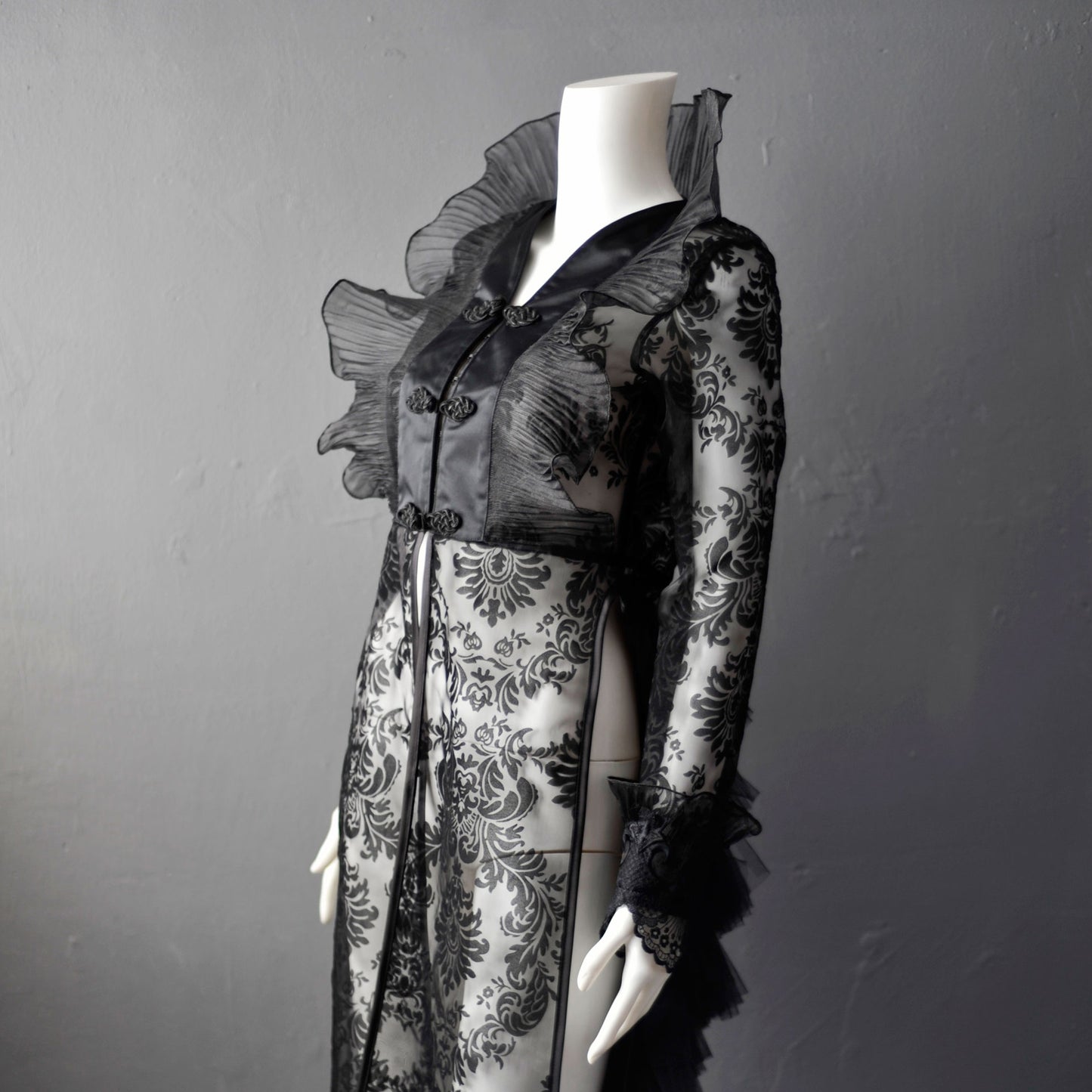 Sheer Gothic Jacket with Ruffled Standing Collar, Goth Queen Wedding Tailcoat