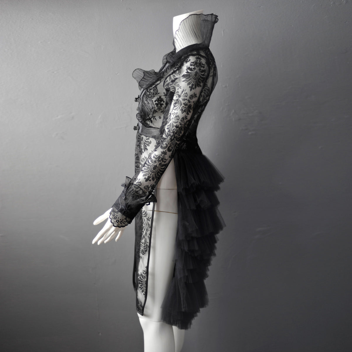 Sheer Gothic Jacket with Ruffled Standing Collar, Goth Queen Wedding Tailcoat