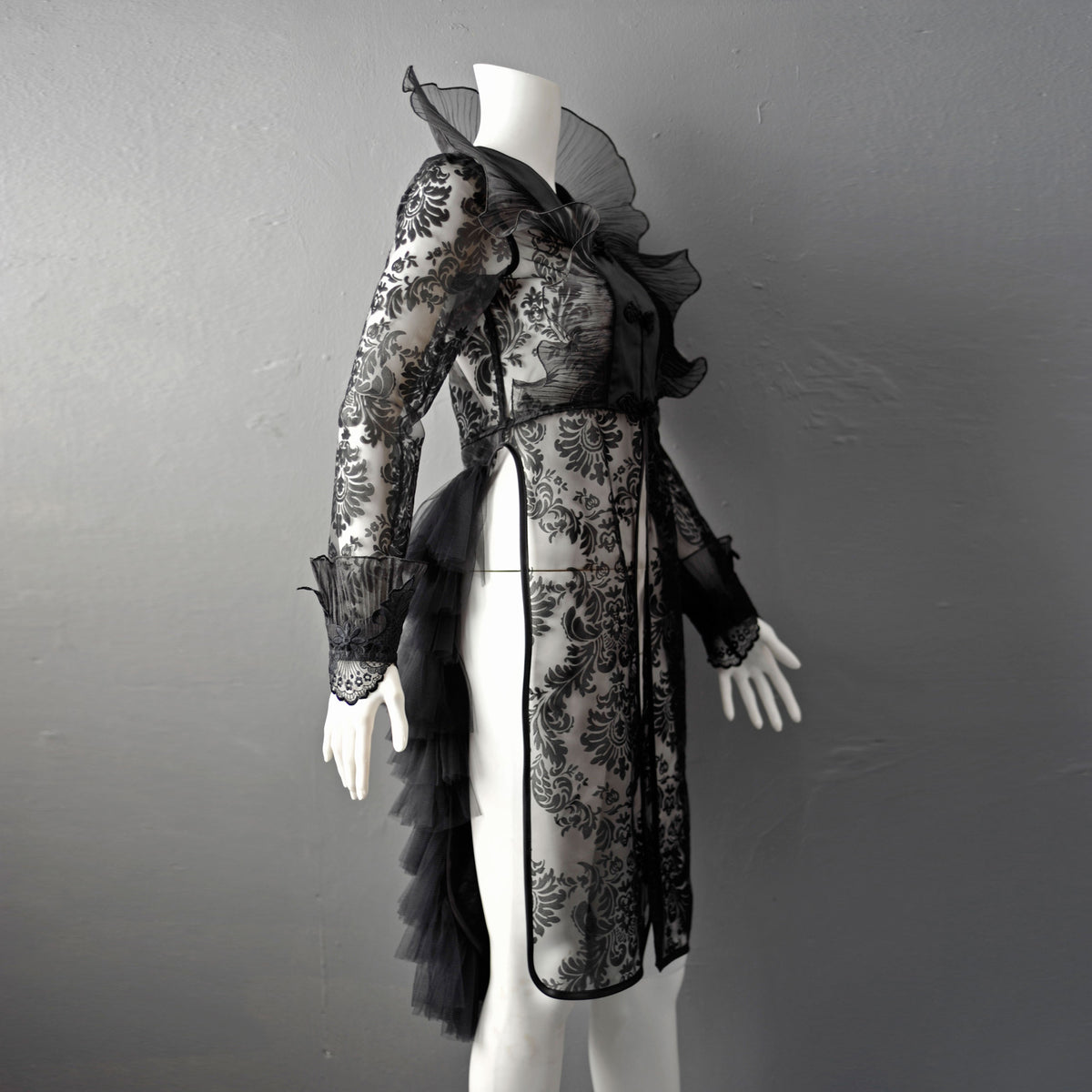 Sheer Gothic Jacket with Ruffled Standing Collar, Goth Queen Wedding Tailcoat