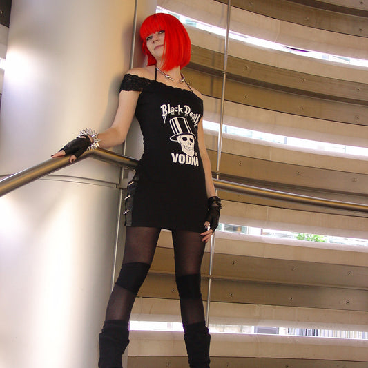 Gothic Rock Skull Mini Dress with Spikes, Upcycled Punk Death Clothing