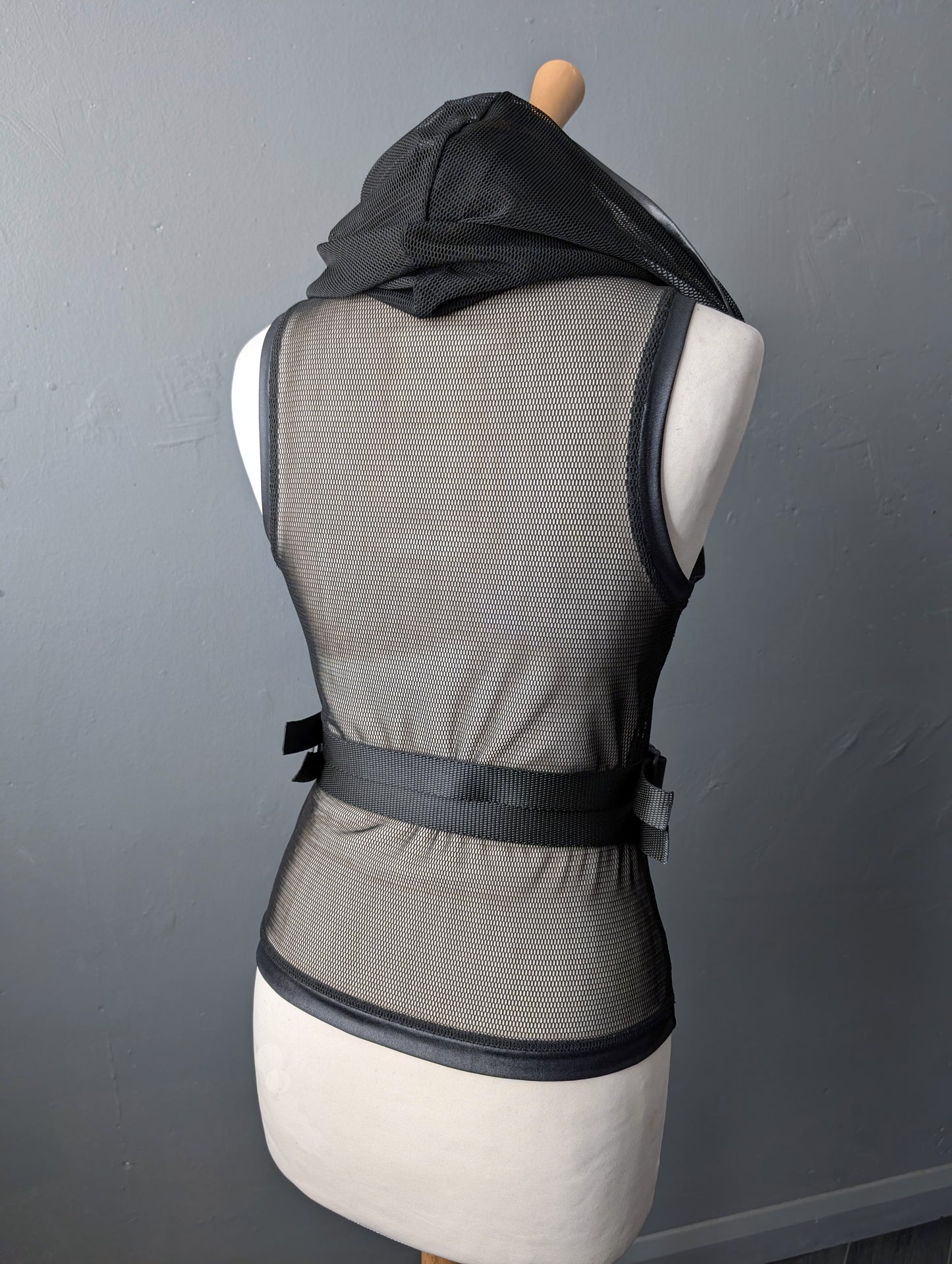 Womens Cyber Futuristic Mesh Tank, Hooded Cowl Net Top