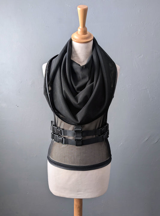 Womens Cyber Futuristic Mesh Tank, Hooded Cowl Net Top