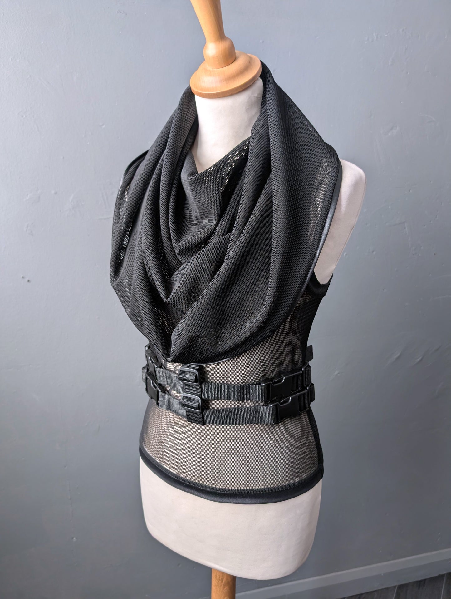 Womens Cyber Futuristic Mesh Tank, Hooded Cowl Net Top