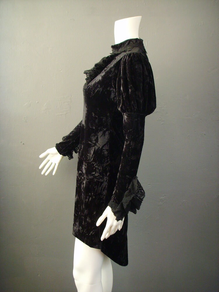 Crushed Velvet Babydoll Dress with Lace Ruffle Jabot, Gothic Victorian Minidress , Small to Plus Size