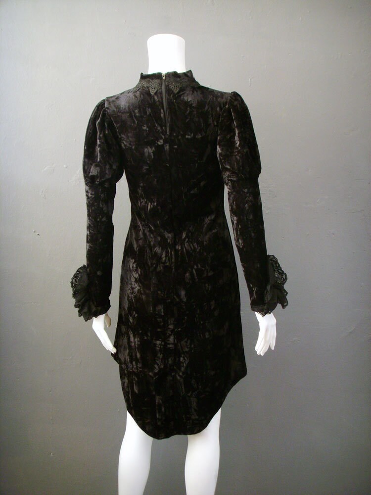 Crushed Velvet Babydoll Dress with Lace Ruffle Jabot, Gothic Victorian Minidress , Small to Plus Size