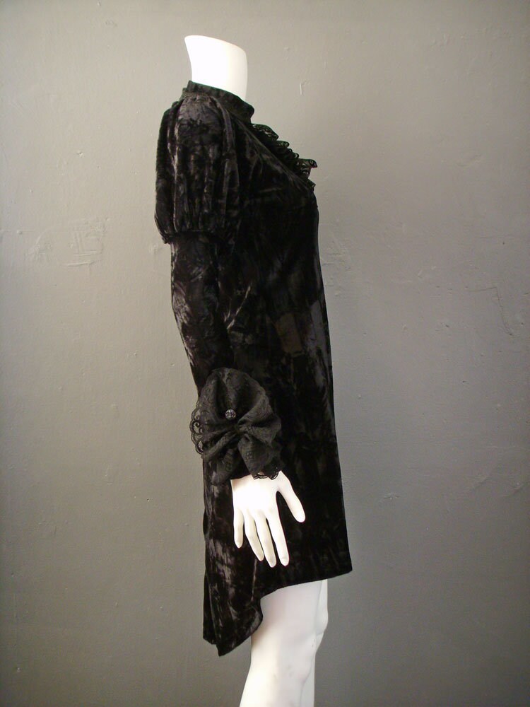 Crushed Velvet Babydoll Dress with Lace Ruffle Jabot, Gothic Victorian Minidress , Small to Plus Size