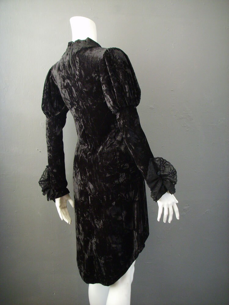 Crushed Velvet Babydoll Dress with Lace Ruffle Jabot, Gothic Victorian Minidress , Small to Plus Size