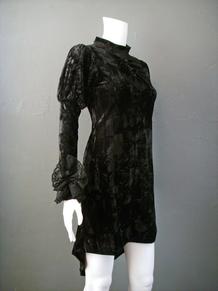 Crushed Velvet Babydoll Dress with Lace Ruffle Jabot, Gothic Victorian Minidress , Small to Plus Size