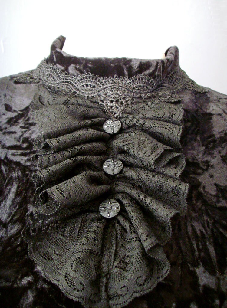 Crushed Velvet Babydoll Dress with Lace Ruffle Jabot, Gothic Victorian Minidress , Small to Plus Size