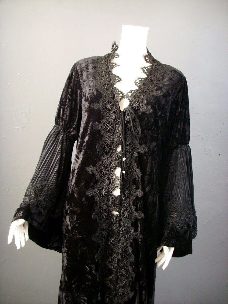 Gothic Velvet Duster Coat, Long Witchy Robe with Bell Sleeves, Small to Plus Size