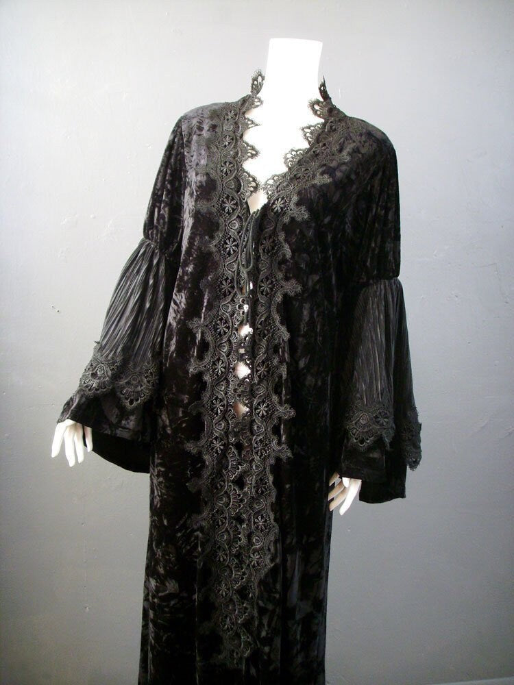 Gothic Velvet Duster Coat, Long Witchy Robe with Bell Sleeves, Small to Plus Size