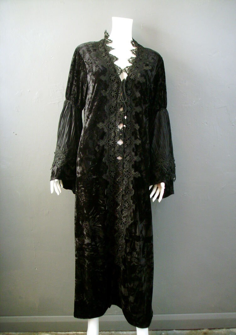 Gothic Velvet Duster Coat, Long Witchy Robe with Bell Sleeves, Small to Plus Size