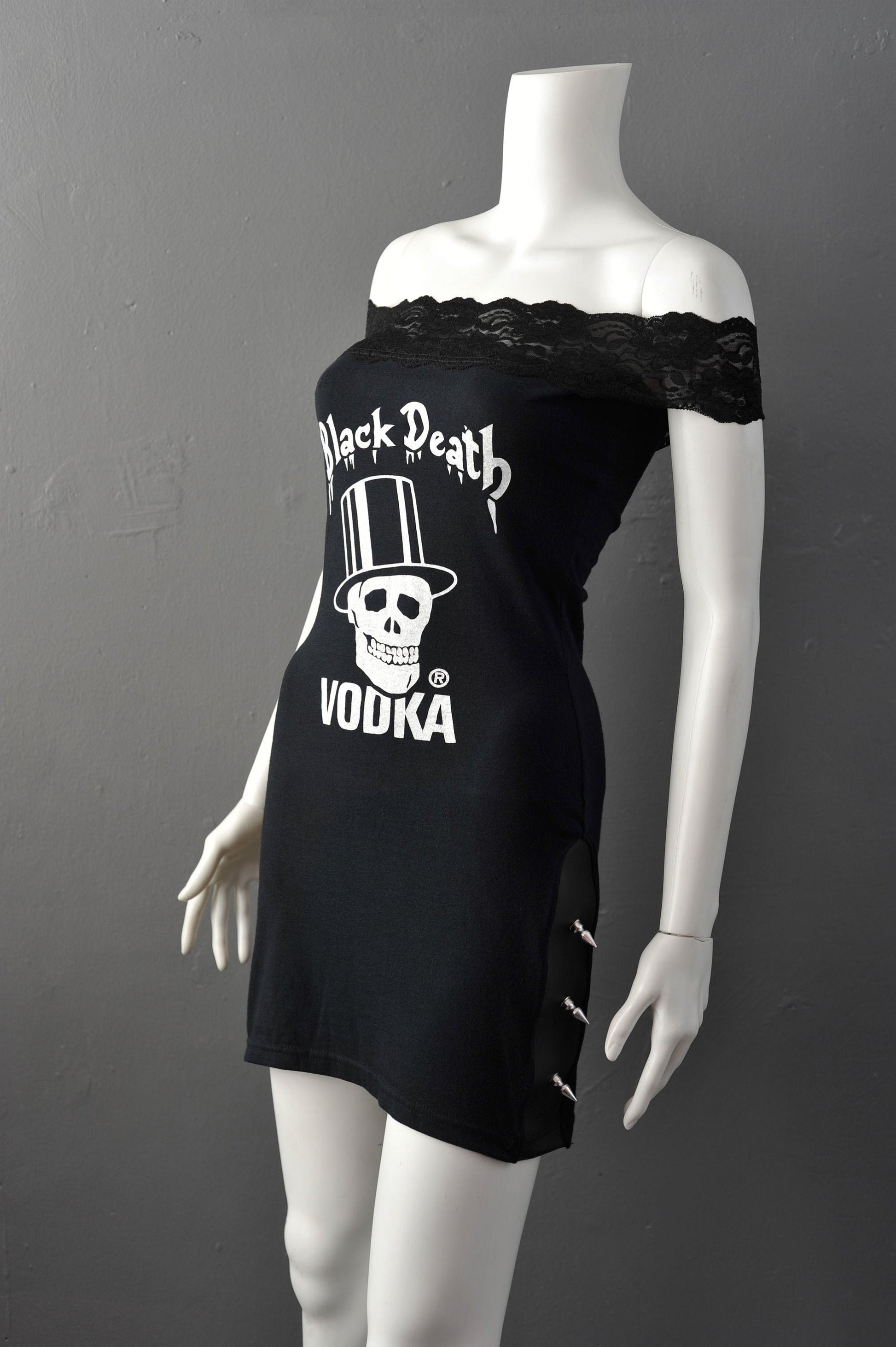Gothic Rock Skull Mini Dress with Spikes,
