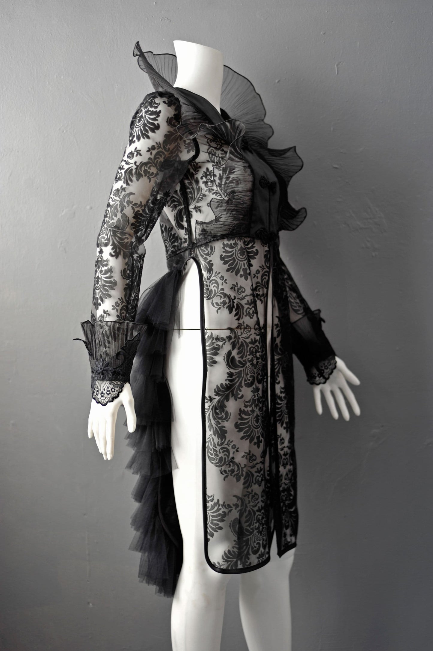 Sheer Gothic Jacket with Ruffled Standing Collar, Goth Queen Wedding Tailcoat