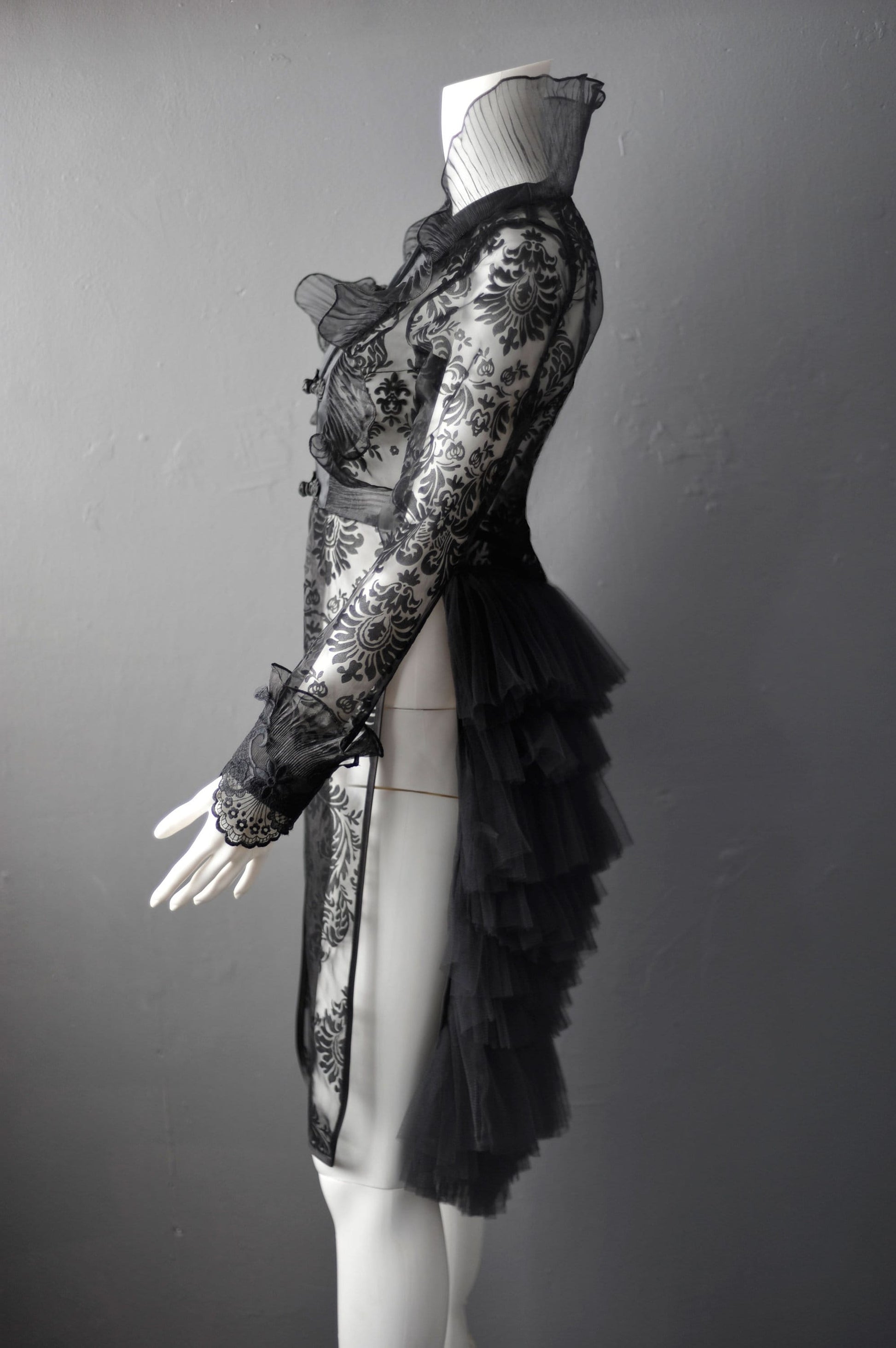 Sheer Gothic Jacket with Ruffled Standing Collar, Goth Queen Wedding Tailcoat
