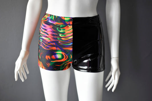 Psychedelic PVC Shorts, Trippy Soundwave Hotpants, Festival Clubwear
