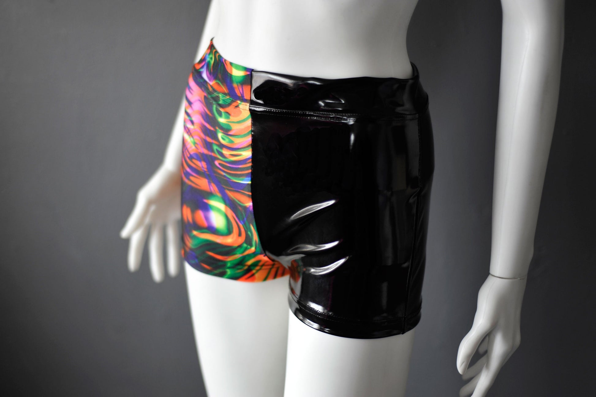 Psychedelic PVC Shorts, Trippy Soundwave Hotpants, Festival Clubwear