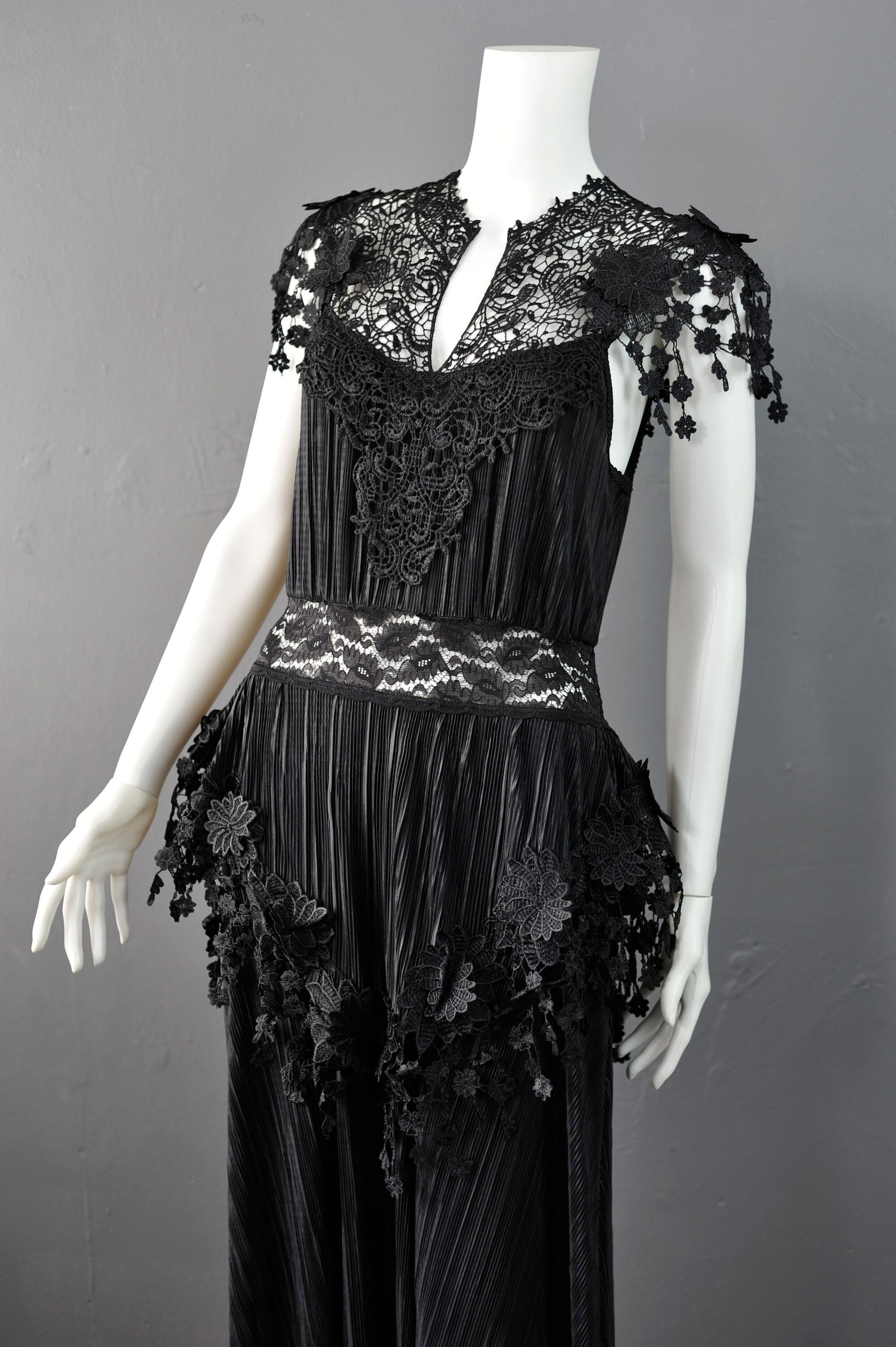 Grecian Style Goth Dress, Long Pleated Satin Lace Gown, Bohemian Vamp, Small to XL