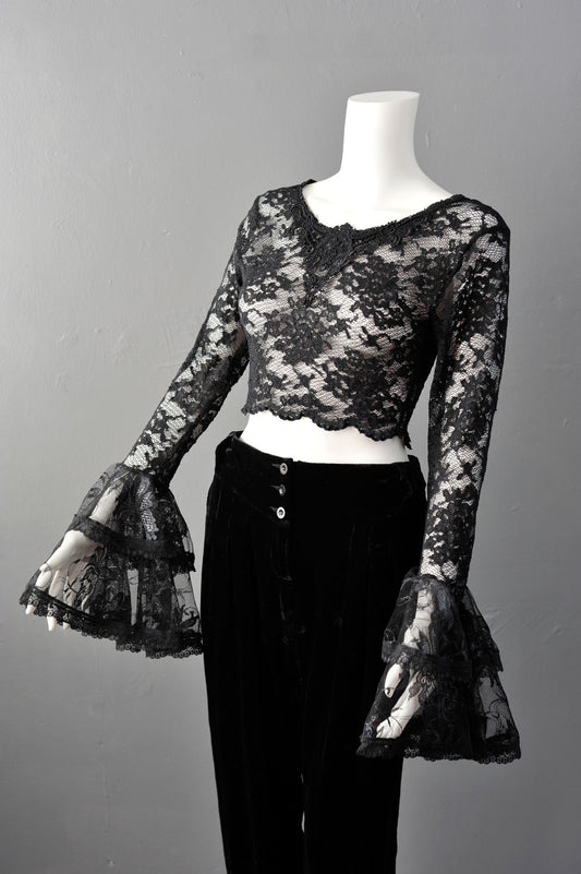 Sheer Lace Crop Top with Bell Sleeves