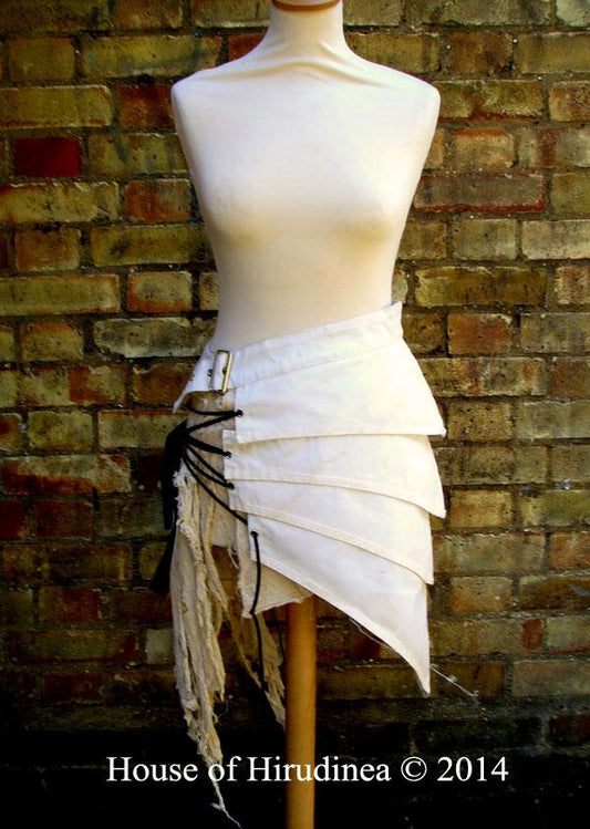 Skirt - Post Apocalyptic Asymmetric Skirt In Antiqued White Sizes Small To XXL