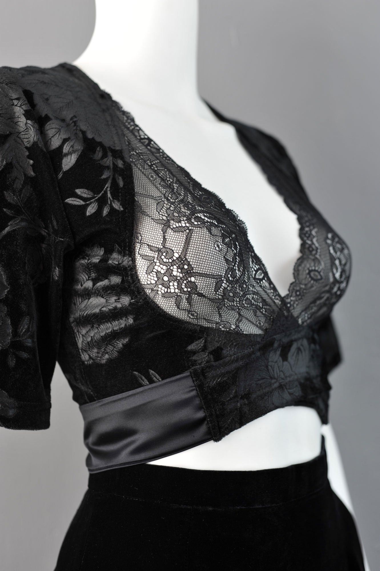 Black Velvet Wrap Crop Top Bolero with Lace Bust, Gothic Romantic